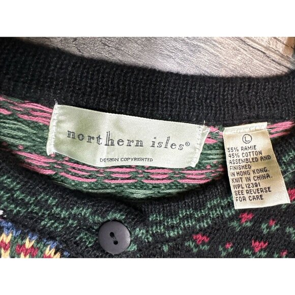Northern Isles Sweater Cardigan Womens Large Fair Isle Patchwork Pockets 90s NEW - Picture 3 of 11
